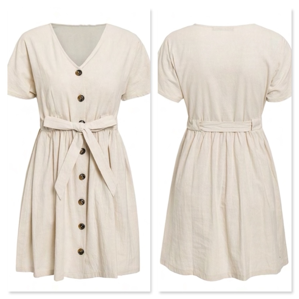 Cotton Buttoned Mini Fit and Flared Belted Dress - Picture 5 of 10